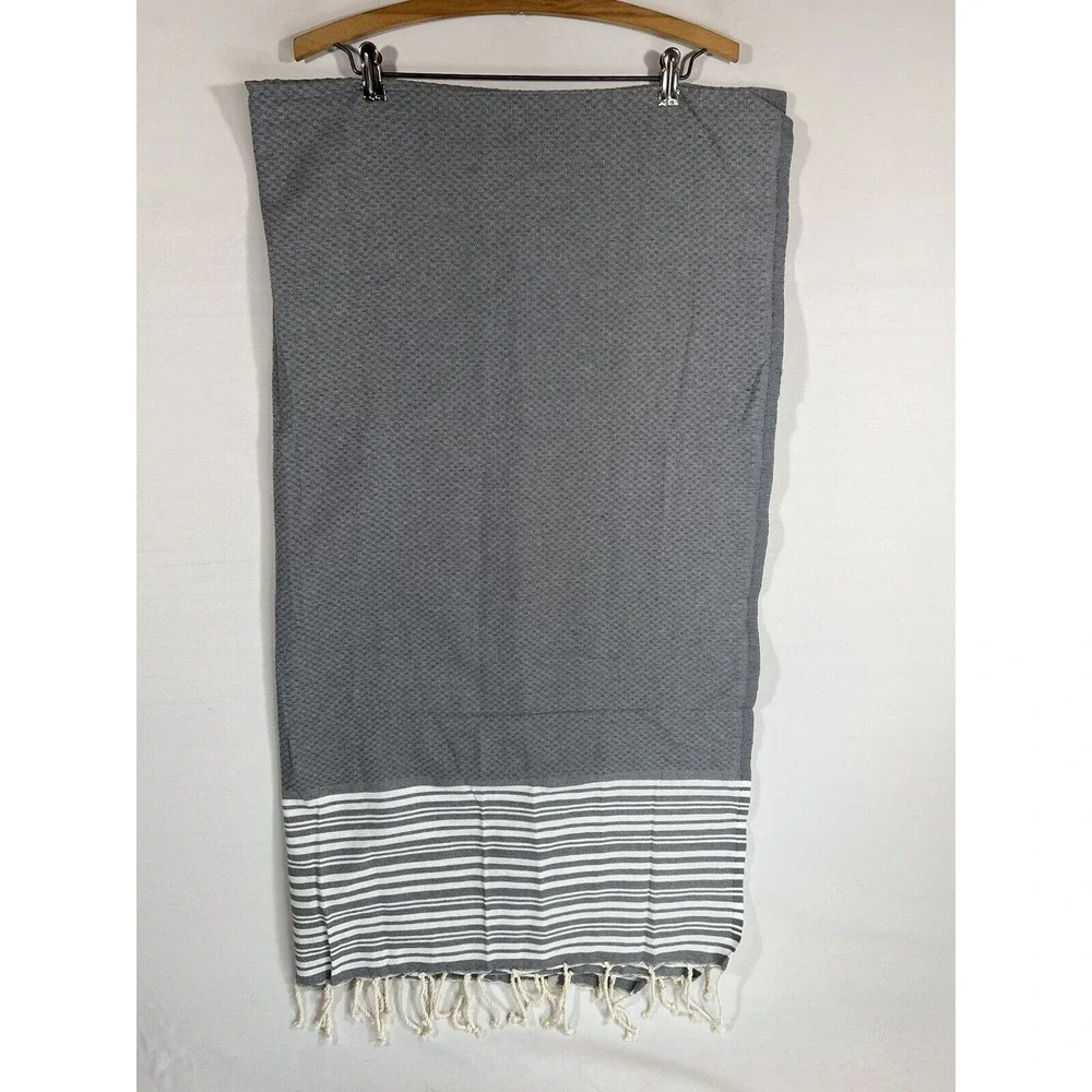Williams Sonoma Table Runner Gray Stripe Linen Fringe Minimalist Coastal Decor